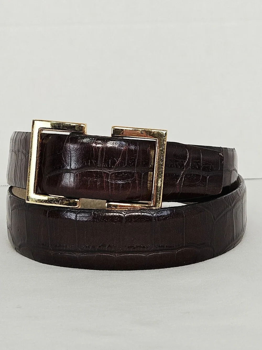 Ellen Tracy Italian Leather Croc Embossed Belt Brown Gold Slide Buckle S